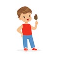 Cute little boy character feeling happy with his ice cream cartoon vector Illustration Royalty Free Stock Photo