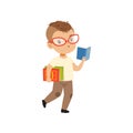 Cute little boy character in glasses walking and reading a book vector Illustration on a white background Royalty Free Stock Photo