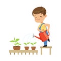 Cute little boy character watering plants from a watering can vector Illustration on a white background
