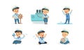 Cute Little Boy Character Wearing Mariner Uniform Vector Illustrations Set Royalty Free Stock Photo