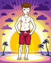 Cute little boy child standing wearing fashionable beach shorts. Vector character.