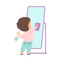 Cute Little Boy Cleaning Mirror By Rag, Adorable Kid Doing Housework Chores at Home Vector Illustration