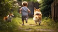 Cute little boy and corgi dog running in the garden