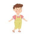 Cute little boy crying with tears. Upset brown haired boy dressed jumpsuit cartoon vector illustration Royalty Free Stock Photo