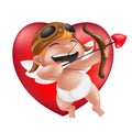 Cute little boy cupid in a diaper, helmet and pilot glasses, laughing and archery on a red heart. Vector illustration for 14th