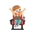 Cute little boy in 3d glasses sitting on a red chair, drinking soda and watching 3D movie in the cinema vector