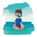 cute little boy with donut float and snorkel in the sea Royalty Free Stock Photo