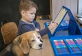 Cute little boy draws with felt-tip pens sitting at the table