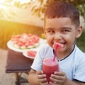 Cute little boy drinking juice in the garden Royalty Free Stock Photo