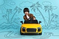 Cute little boy driving toy car and drawing of tropical resort on light blue background Royalty Free Stock Photo