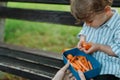 Cute little boy eating apricot from lunch box, sitting on a park bench.