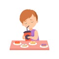 Cute Little Boy Eating Donuts and Drinking Soda Drink Vector Illustration