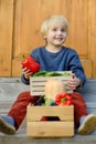 Cute little boy enjoy organic harvest on a porch of barn. Healthy homegrown vegetarian food for kids. Vegetables for sale for fair