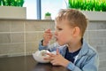 Cute little boy enjoying ice cream in cafe Royalty Free Stock Photo