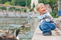 Cute little boy feeding ducks