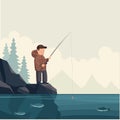 Cute little boy fisherman with fishing rod in hands to fish in water, summer leisure of young happy fisher character Royalty Free Stock Photo