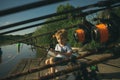 Cute little boy fishing on pond Royalty Free Stock Photo