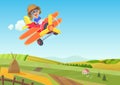 Cute little boy flying in airplane above the fields. Funny flying airplane cartoon vector illustration. Royalty Free Stock Photo