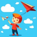 Cute little boy flying paper plane in the sky. Vector illustration AI generated Royalty Free Stock Photo