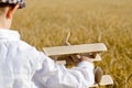 Cute little boy flying a toy plane in a wheatfield Royalty Free Stock Photo