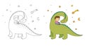 Cute little boy and funny dinosaur. The kid and the dragon. Illustration for coloring books. Monochrome and colored Royalty Free Stock Photo