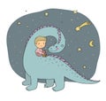 Cute little boy and funny dinosaur. The kid and the dragon Royalty Free Stock Photo