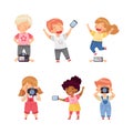 Cute Little Boy and Girl with Camera and Smartphone Taking Photo Vector Set Royalty Free Stock Photo