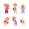 Cute Little Boy and Girl with Camera and Smartphone Taking Photo Vector Set Royalty Free Stock Photo