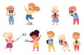 Cute Little Boy and Girl with Camera and Smartphone Taking Photo Vector Set Royalty Free Stock Photo