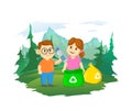 Cute little boy and girl collecting plastic garbage and segregating waste. Forest and mountain landscape in the