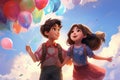 Cute little boy and girl with colorful balloons on blue sky background, A boy and a girl holding colorful balloons, AI Generated Royalty Free Stock Photo