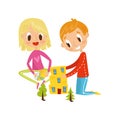 Cute little boy and girl cutting application details, kids creativity, education and development concept vector