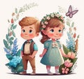 Cute little boy and girl with flowers and butterflies. Digital cartoon illustration