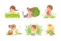 Cute Little Boy and Girl on Green Meadow Grass Vector Set Royalty Free Stock Photo