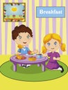 Cute little boy and girl having breakfast. Vector Illustration. Royalty Free Stock Photo