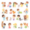 Cute Little Boy and Girl Interacting with Animal in Petting Zoo Big Vector Set