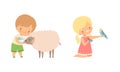 Cute Little Boy and Girl Interacting with Animal in Petting Zoo Vector Set Royalty Free Stock Photo