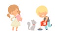 Cute Little Boy and Girl Interacting with Animal in Petting Zoo Vector Set