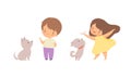 Cute Little Boy and Girl Interacting with Animal in Petting Zoo Vector Set