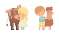 Cute Little Boy and Girl Interacting with Animal in Petting Zoo Vector Set