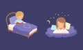 Cute Little Boy and Girl Lying on Soft Cloud and Bed at Night and Reading Bedtime Story Vector Set Royalty Free Stock Photo