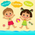 Cute Little Boy And Girl Playing With Sand On Summer Beach. It Was Really Funny. Royalty Free Stock Photo