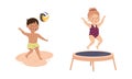 Cute Little Boy and Girl Playing Volleyball and Bouncing on Trampoline Practicing Sport and Physical Activity Vector Set Royalty Free Stock Photo