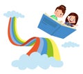 cute Little Boy and Girl Reading a Book on Cloudy Sky Background Vector Illustration