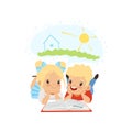 Cute little boy and girl reading fairy tail fantasy book, kids imagination concept vector Illustration on a white Royalty Free Stock Photo