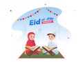 Cute little boy and girl reading Holy book `Quran Sharif` on creative background for Islamic Festival Eid Mubarak