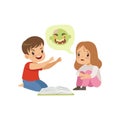 Cute little boy and girl reading a scary book, kids fabulous imagination concept vector Illustration on a white