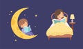 Cute Little Boy and Girl Sitting in Bed and on Crescent at Night and Reading Bedtime Story Vector Set Royalty Free Stock Photo