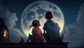 Cute little boy and girl sitting on bench and looking at moon Royalty Free Stock Photo