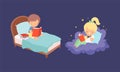 Cute Little Boy and Girl Sitting on Soft Cloud and Bed at Night and Reading Bedtime Story Vector Set Royalty Free Stock Photo